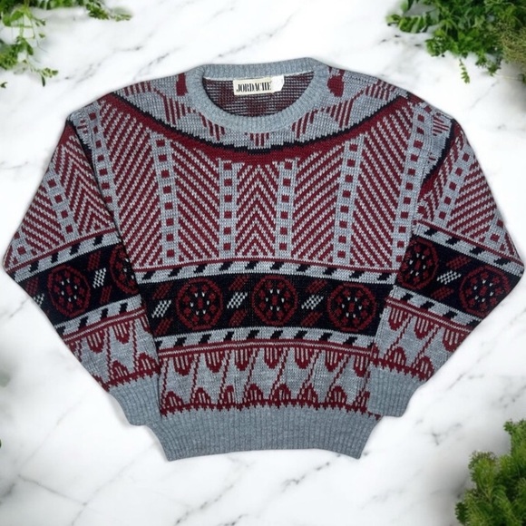 Vintage 80s Jordache Sweater Knit Gray Retro Geometric Après Ski Grandpa Core - Picture 10 of 10